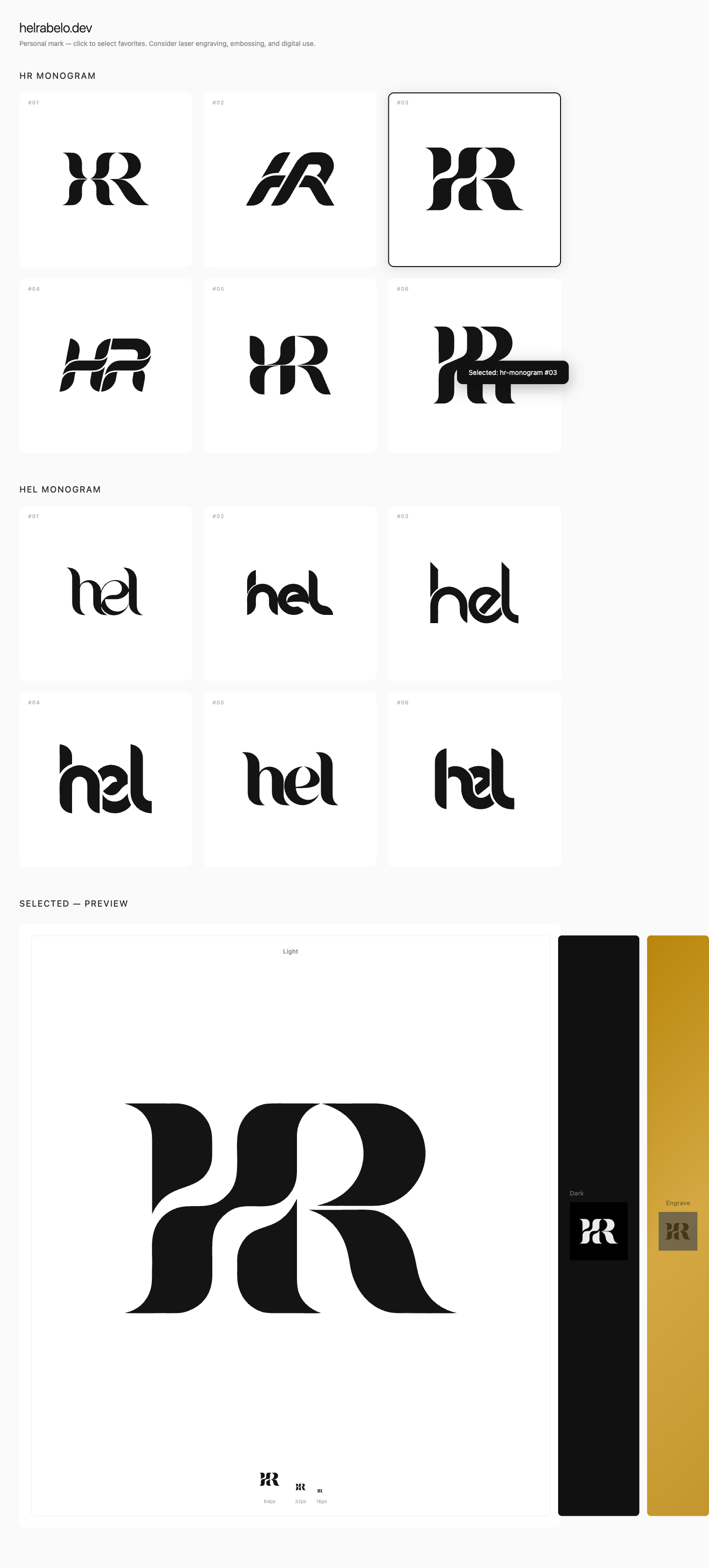HR Mark review board showing 6 HR monogram options and 6 hel monogram options, with option 3 selected and previewed at multiple sizes