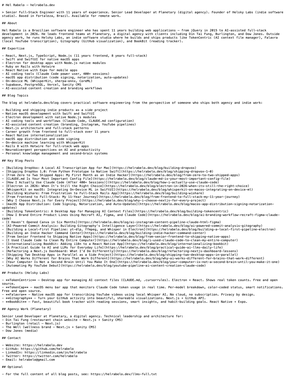 The real helrabelo.dev/llms.txt as served in the browser
