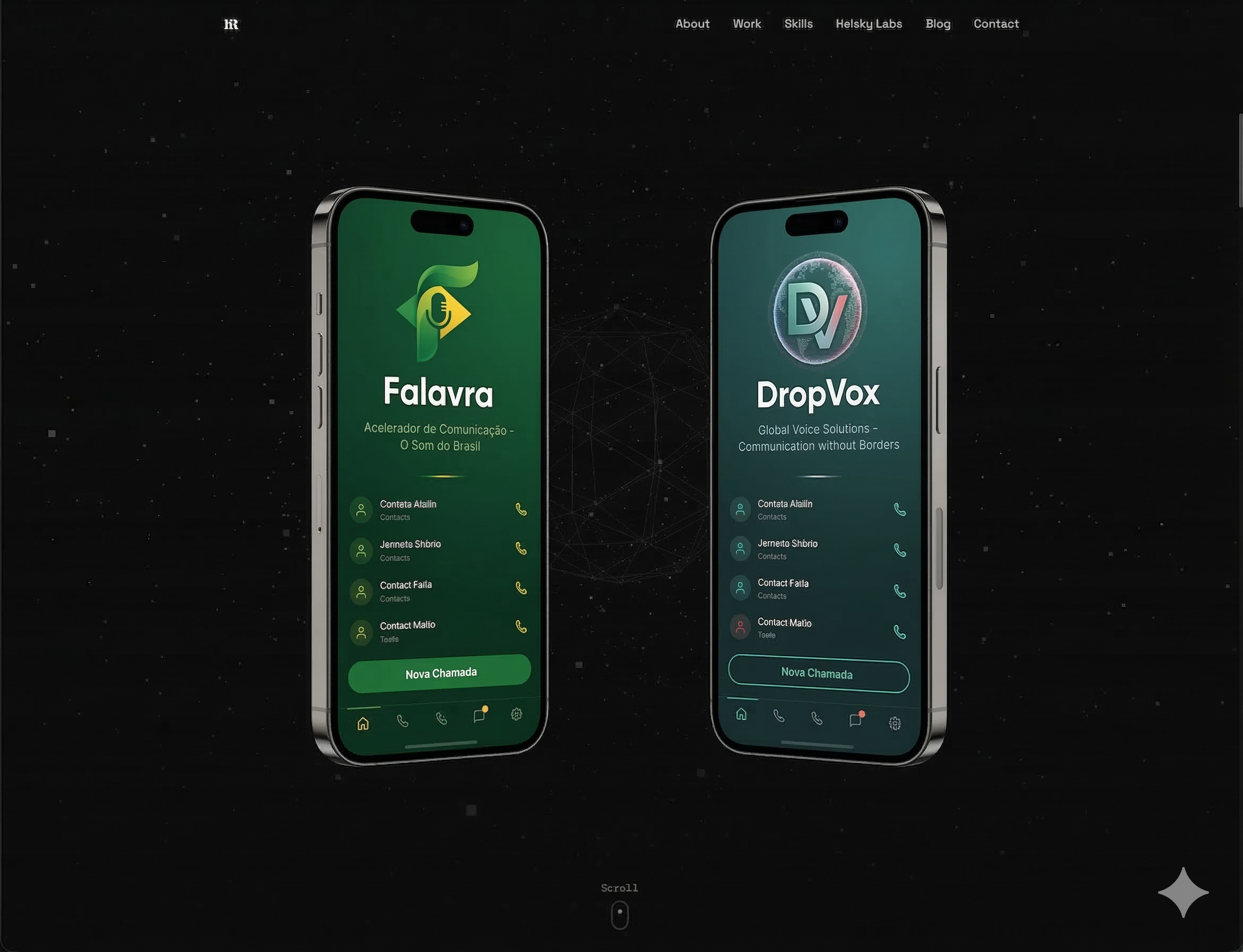 Two phones side by side — Falavra for Brazil, DropVox for the world