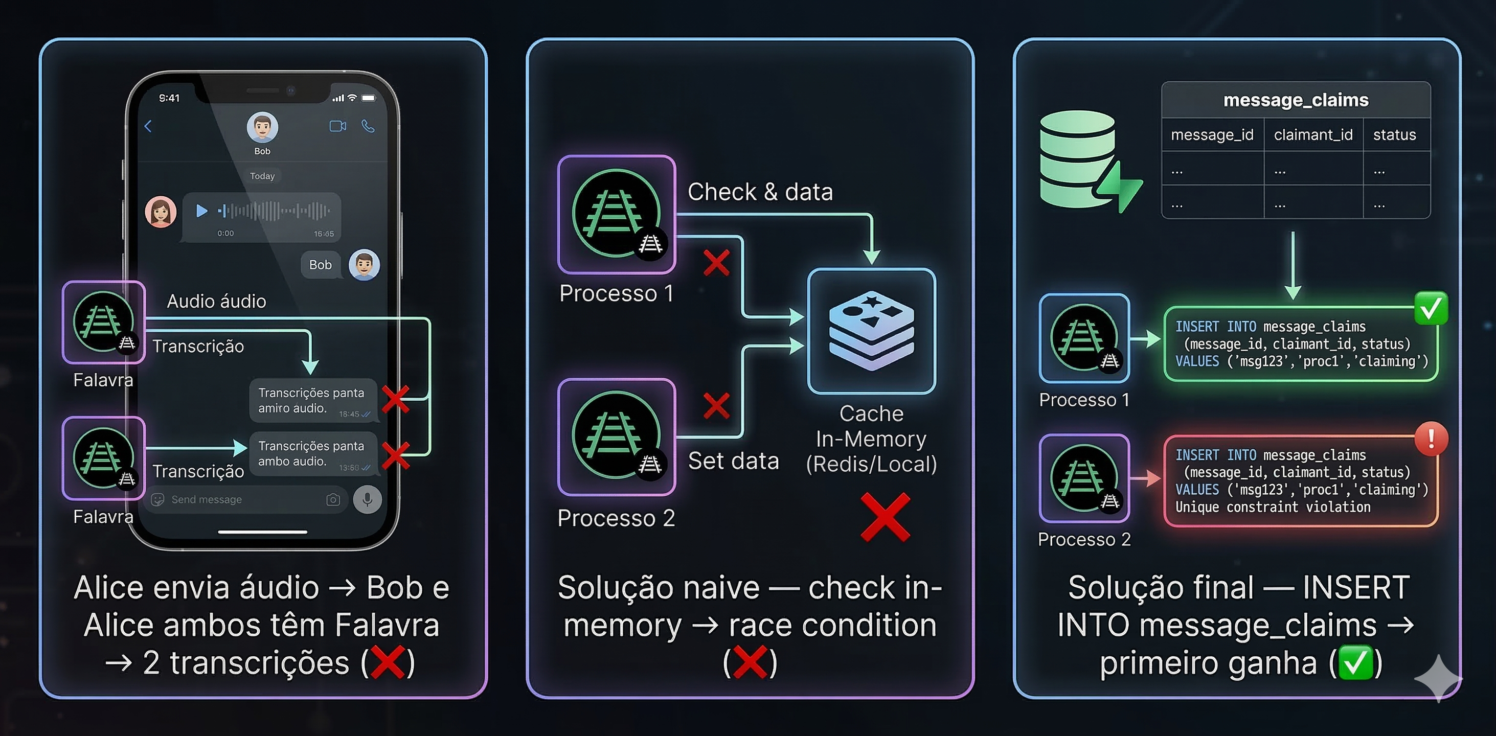 The dedup problem — from double transcription to atomic message claims
