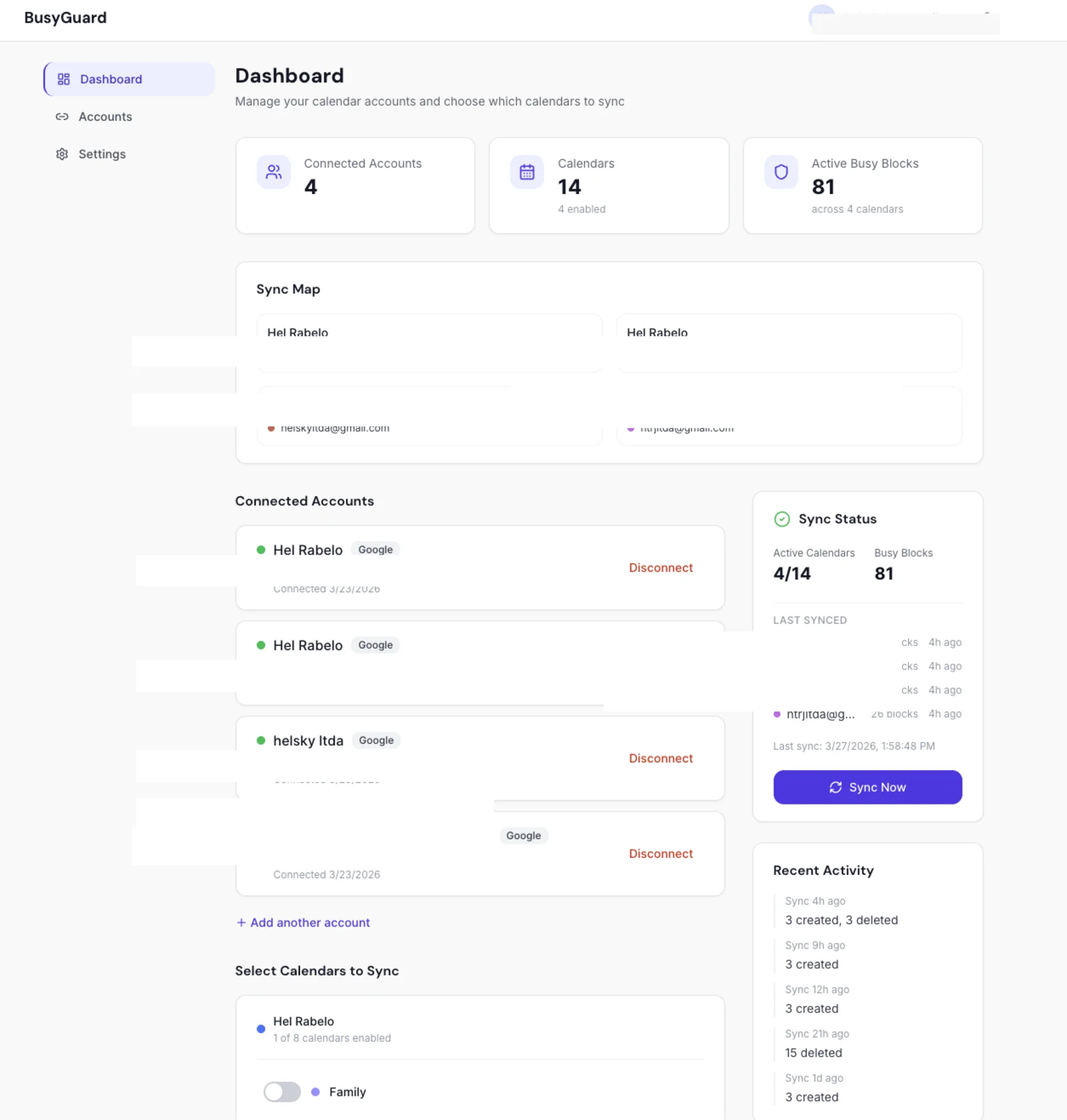BusyGuard dashboard — 4 accounts, 81 busy blocks, zero chaos
